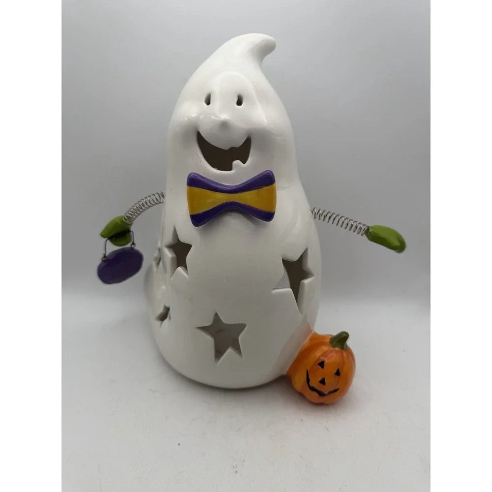 Halloween Ceramic Ghost Candle Holder Pumpkin Bow Tie BOO Sign Spring Arms